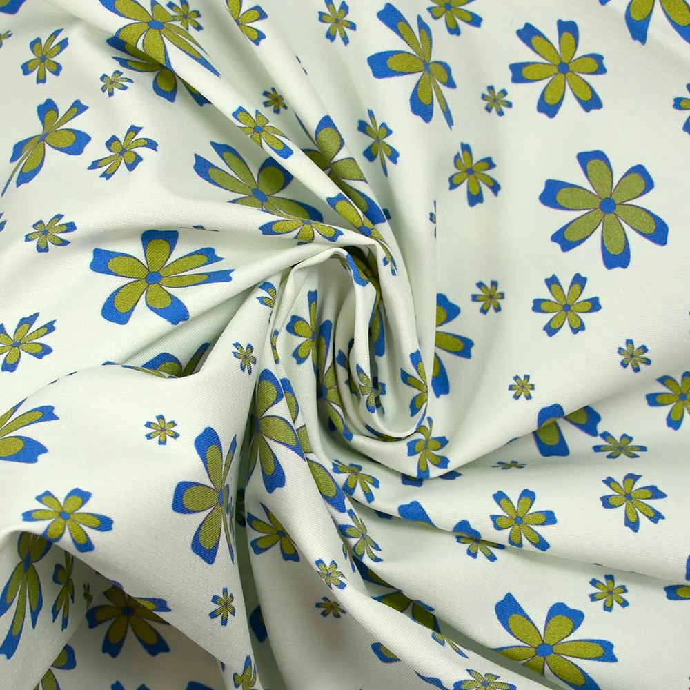 Bengaline coton imprimée fleurs anis et bleu roi fond blanc cassé - Image 2