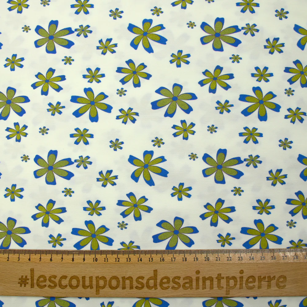 Bengaline coton imprimée fleurs anis et bleu roi fond blanc cassé - Image 3