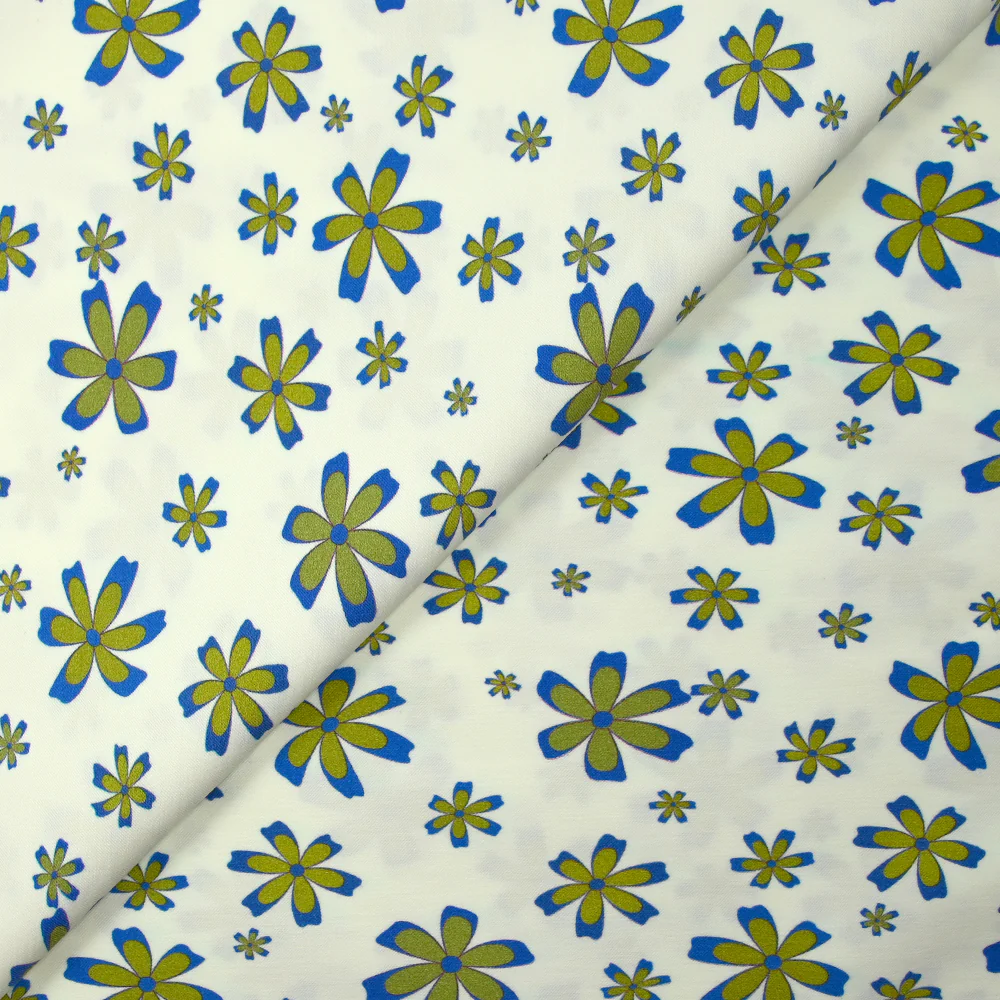 Bengaline coton imprimée fleurs anis et bleu roi fond blanc cassé - Image 4