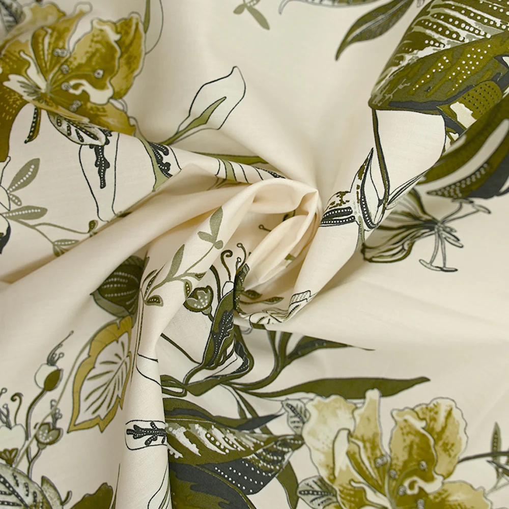 Coton imprimé fleurs et monstera sur fond crème - Image 2