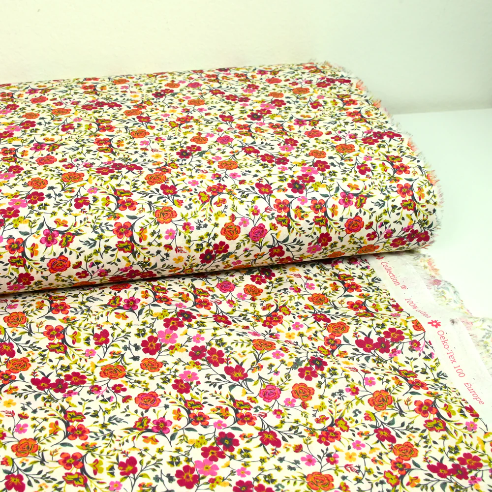 Coton imprimé Greta fleurs fuchsia et orange fond blanc au mètre - Image 2
