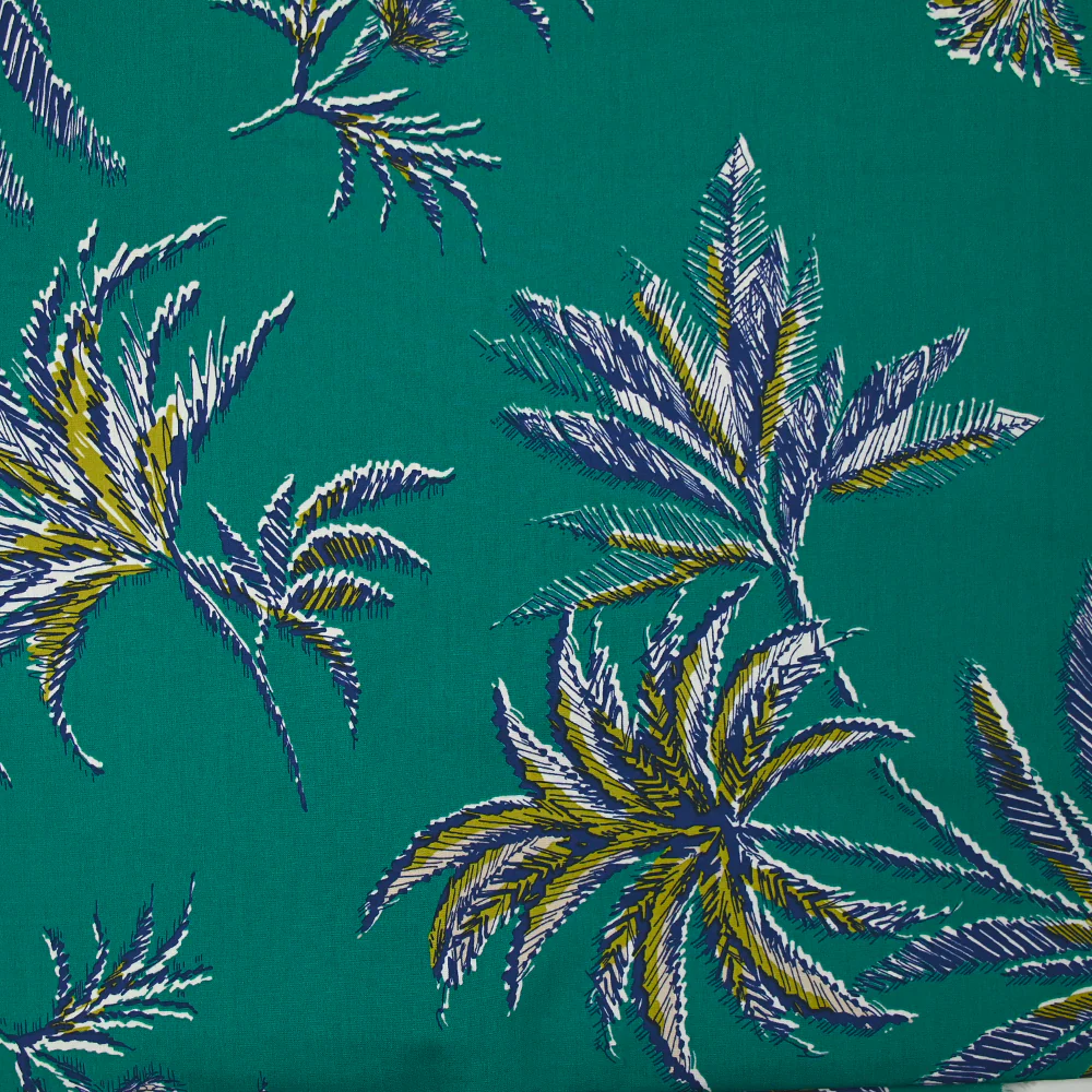 Coton imprimé palmier fond vert caraïbes