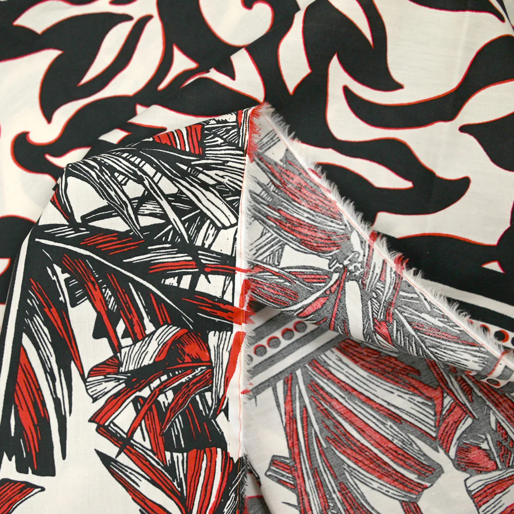 Coton imprimé palmier noir et rouge fond blanc - Image 4