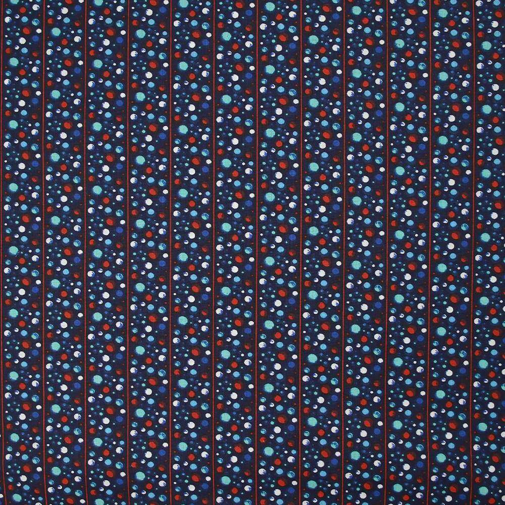 Coton imprimé planète rayé rouge fond marine
