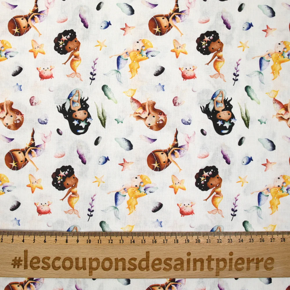 Coton imprimé sirène multicolore fond blanc - Image 3