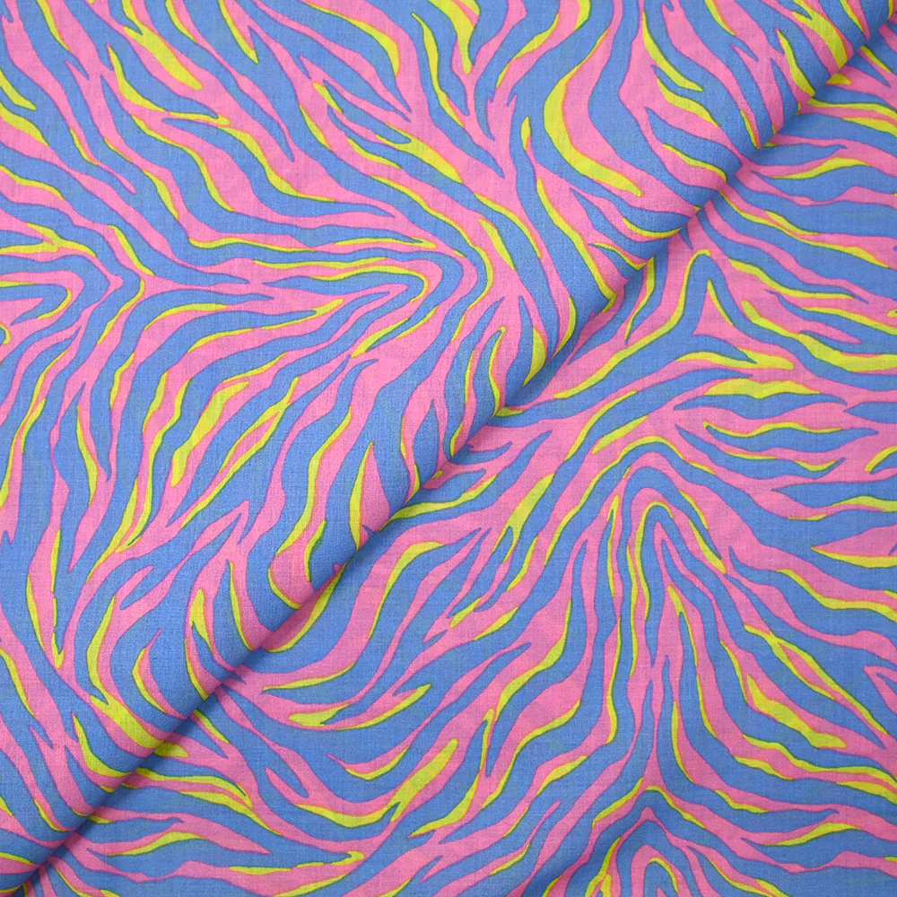 Coton imprimé zèbre jaune et bleu fond rose