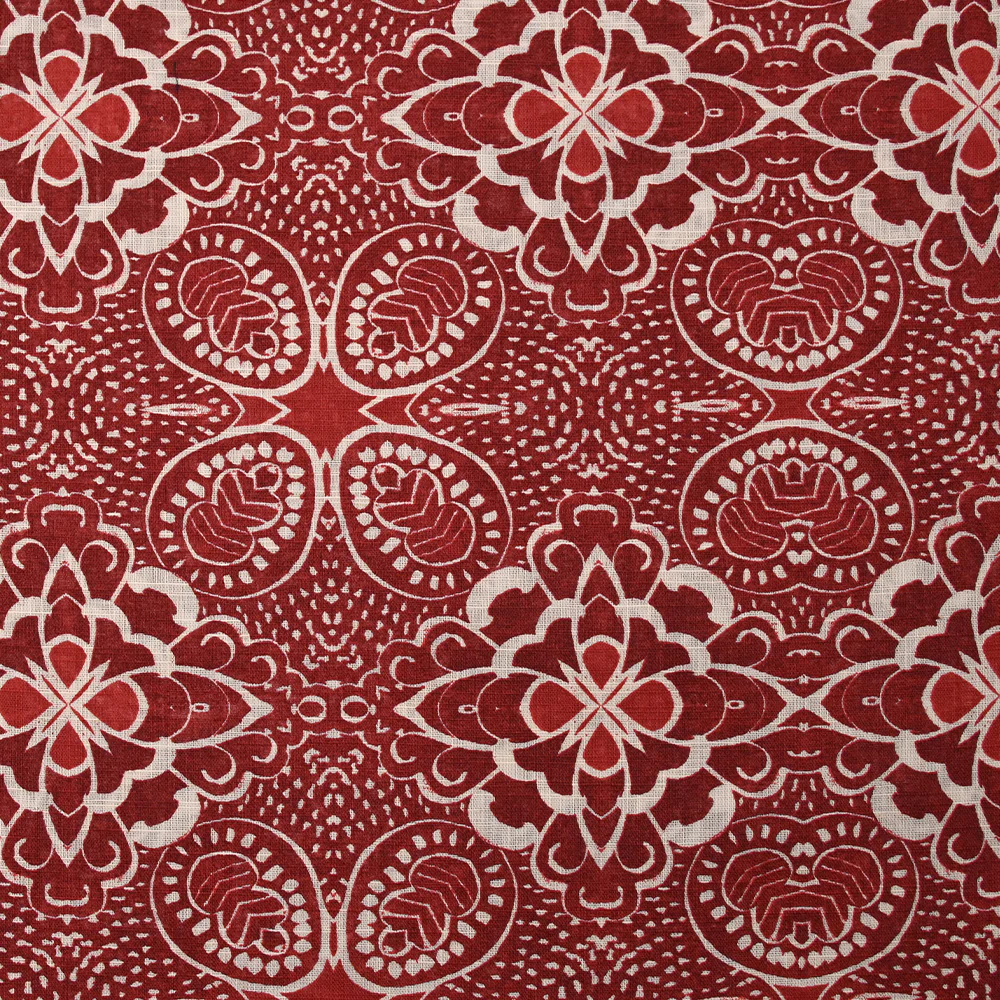 Coton tissé aspect lin imprimé arabesque rouge brique