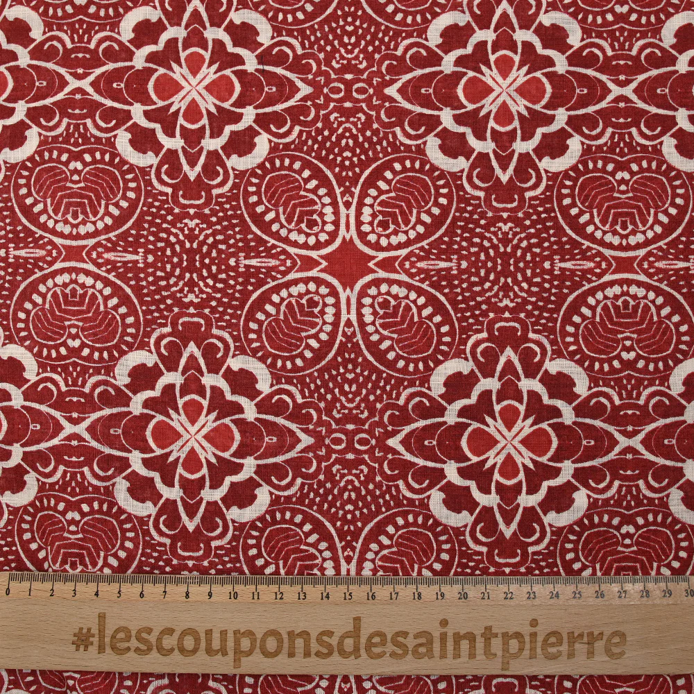 Coton tissé aspect lin imprimé arabesque rouge brique - Image 3