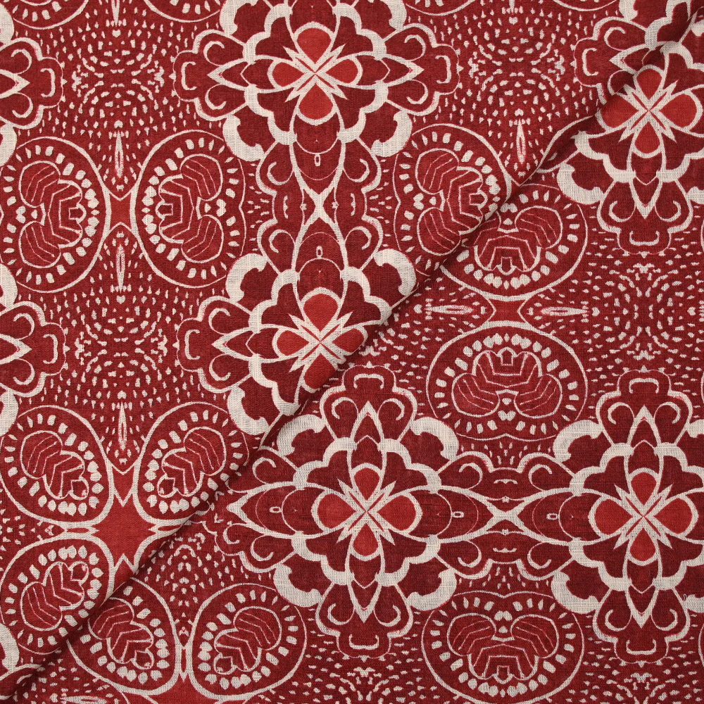 Coton tissé aspect lin imprimé arabesque rouge brique - Image 4