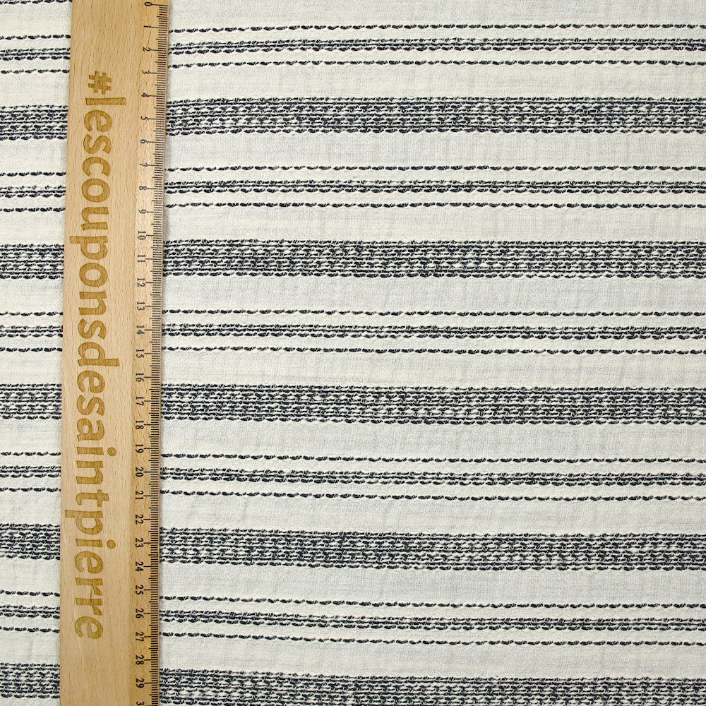Coton tissé-teint rayé brodé marine fond blanc cassé - Image 3