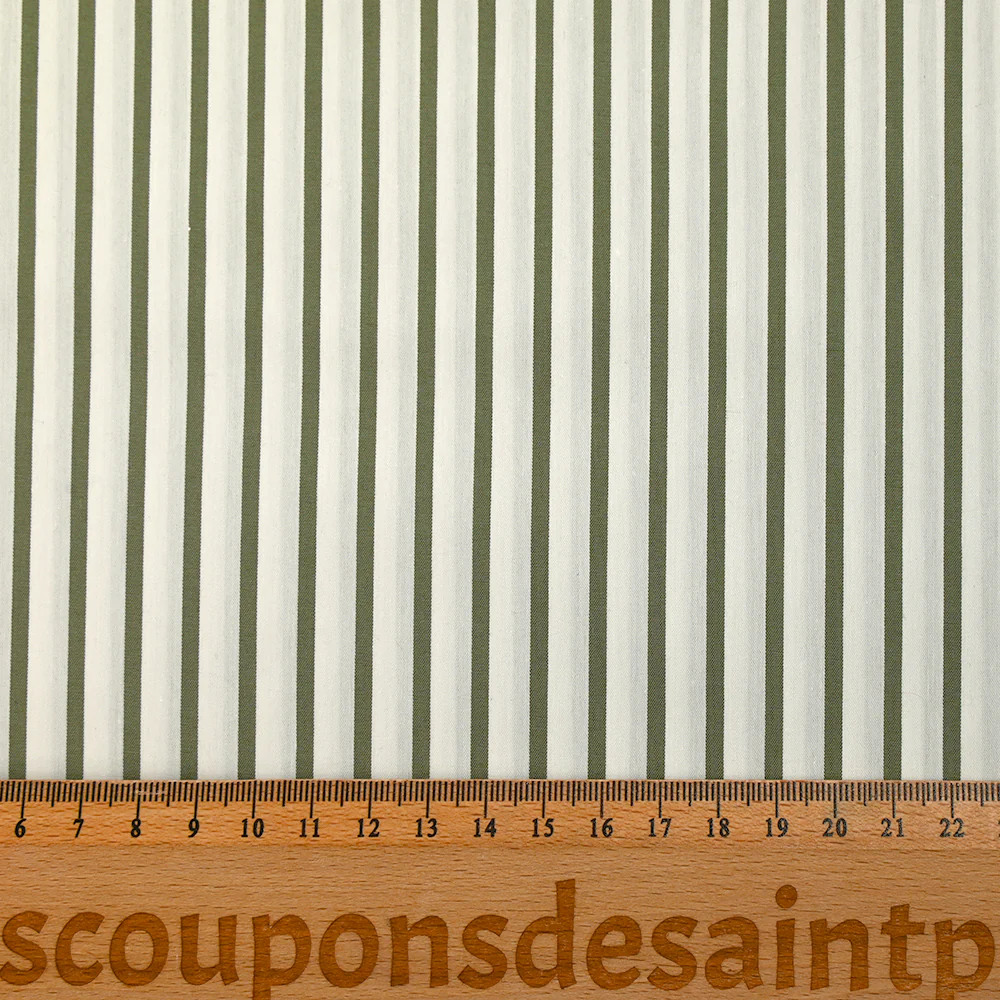 Coton tissé-teint Rudy rayé 3 mm kaki fond blanc - Image 3