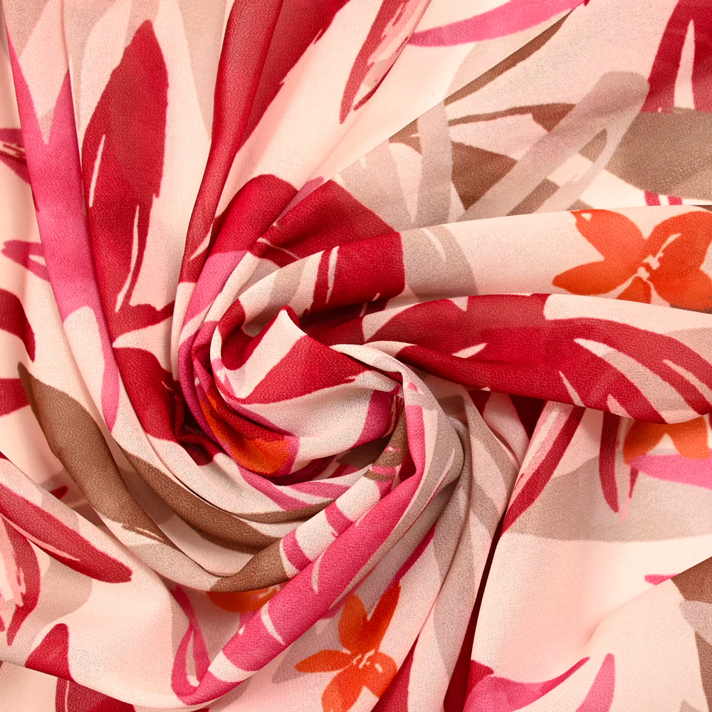 Crêpe fin imprimé jungle rose fond rose poudré - Image 2
