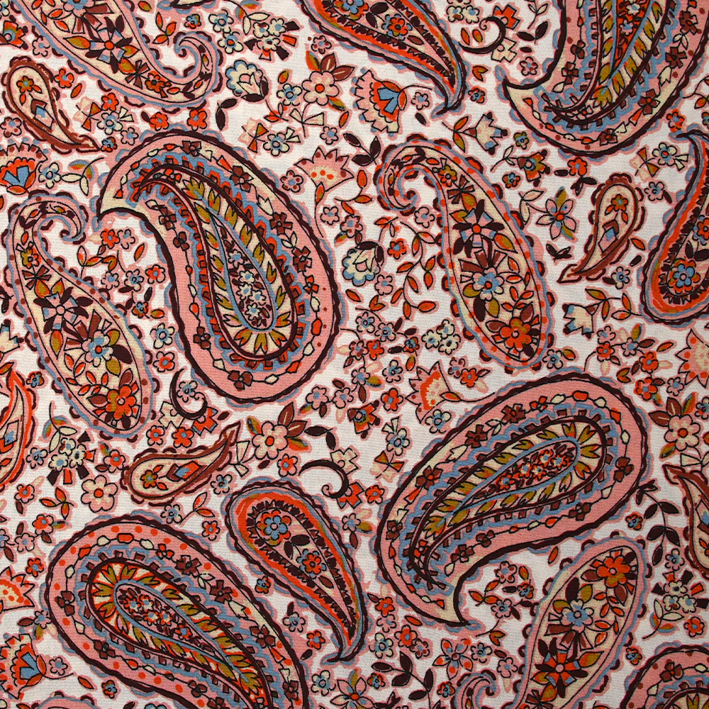 Crêpe viscose imprimé cachemire vieux rose et marron fond écru