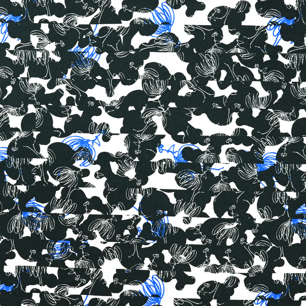 Crêpe viscose imprimé esquisse de fleurs noir et bleu