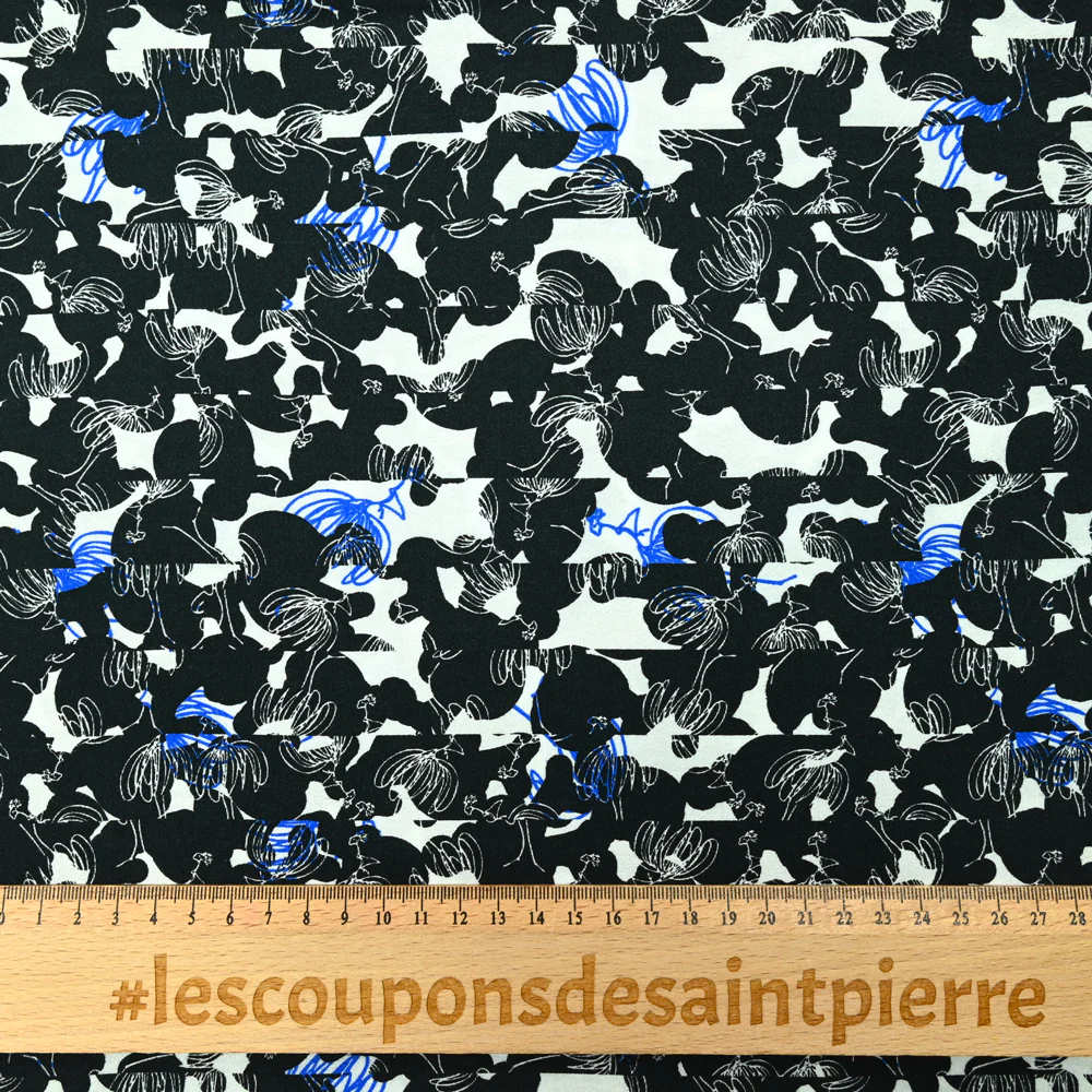 Crêpe viscose imprimé esquisse de fleurs noir et bleu - Image 3