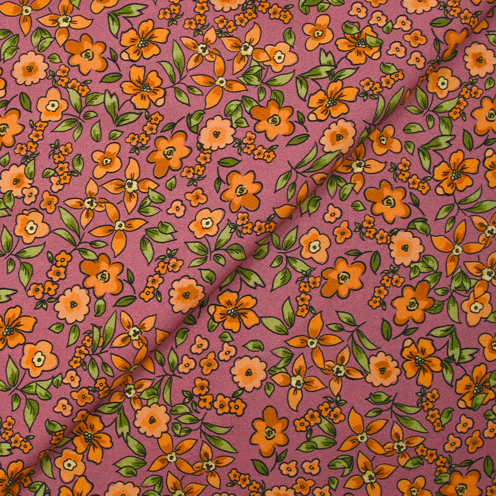 CrĂȘpe viscose imprimĂ© fleurs orange fond cassis glacĂ© - Image 4