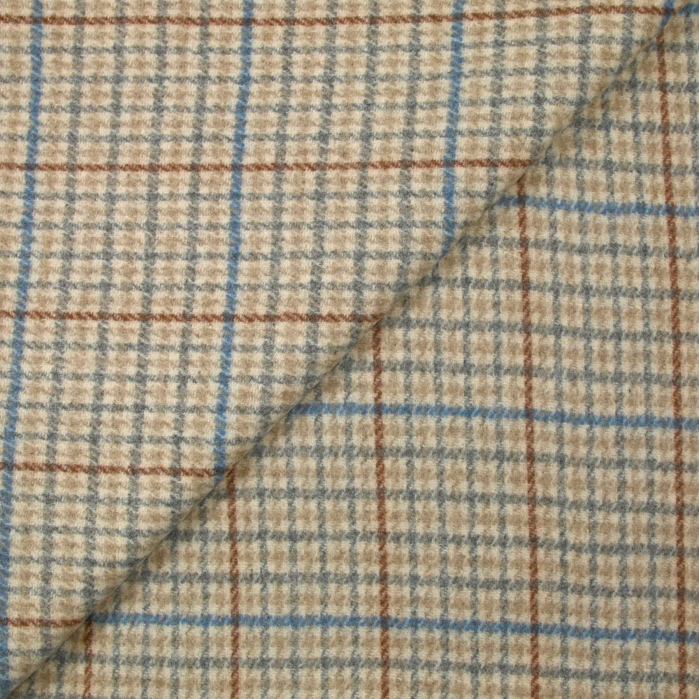 Drap de laine mélangée pied-de-poule bleu et gris fond écru