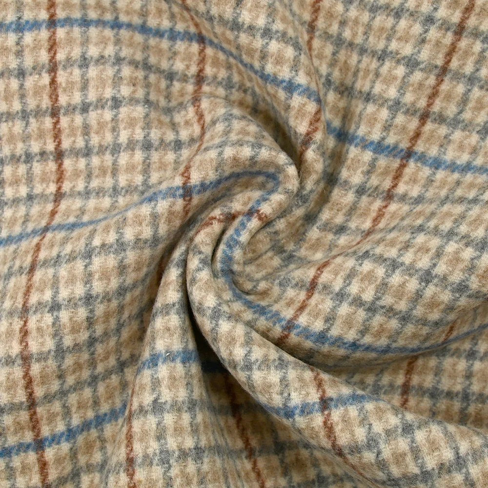 Drap de laine mélangée pied-de-poule bleu et gris fond écru - Image 2