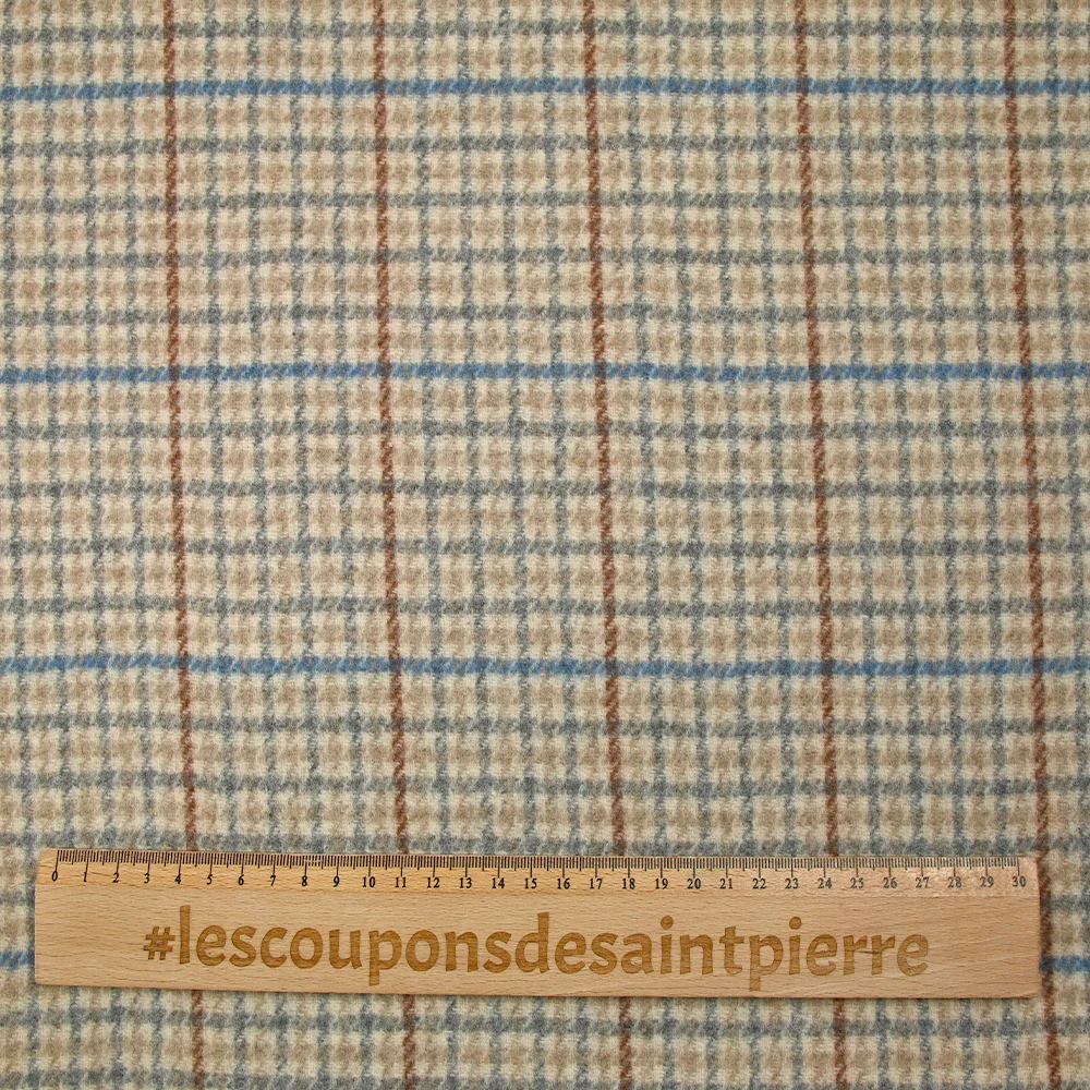 Drap de laine mélangée pied-de-poule bleu et gris fond écru - Image 3