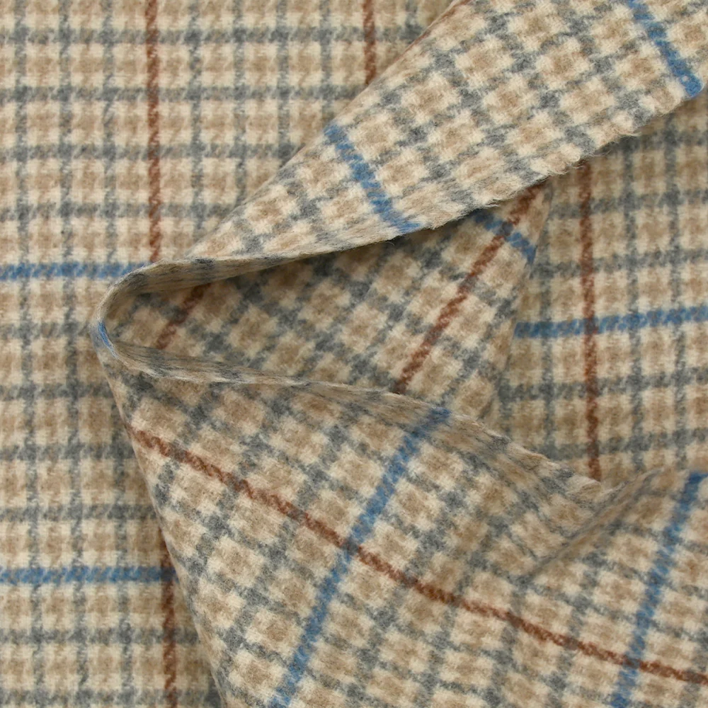 Drap de laine mélangée pied-de-poule bleu et gris fond écru - Image 5