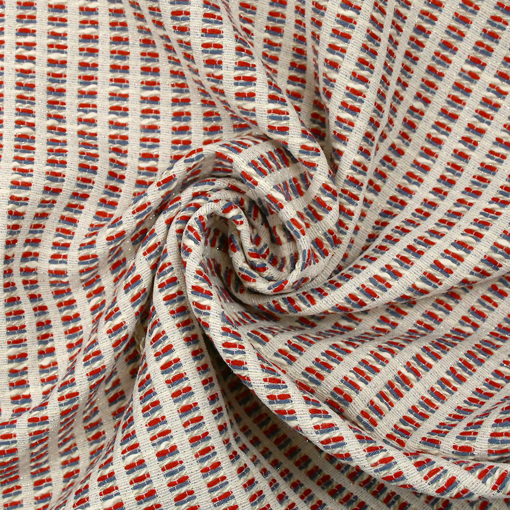 Jacquard de polycoton Lurex rayé bleu et rouge fond blanc cassé - Image 2
