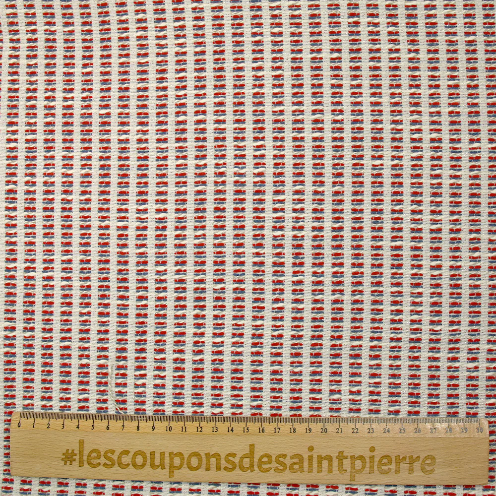 Jacquard de polycoton Lurex rayé bleu et rouge fond blanc cassé - Image 3