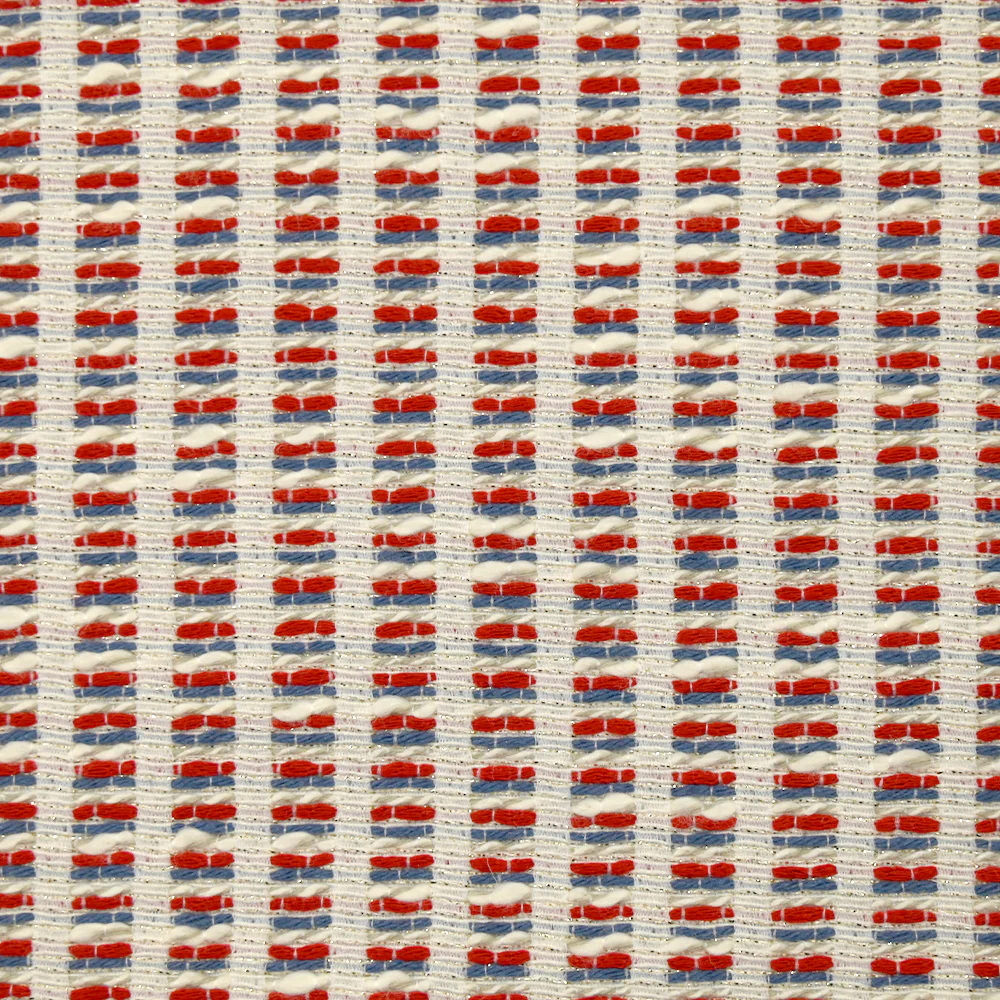 Jacquard de polycoton Lurex rayé bleu et rouge fond blanc cassé - Image 5