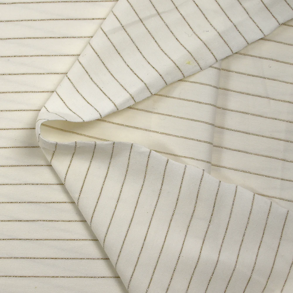 Jersey de coton rayé Lurex doré fond blanc cassé - Image 5