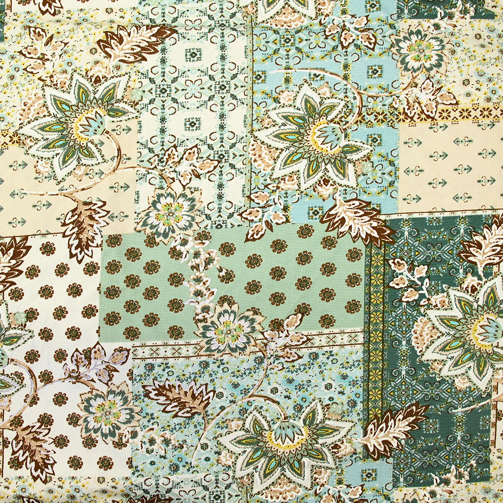 Jersey de polyester floqué et imprimé patchwork vert