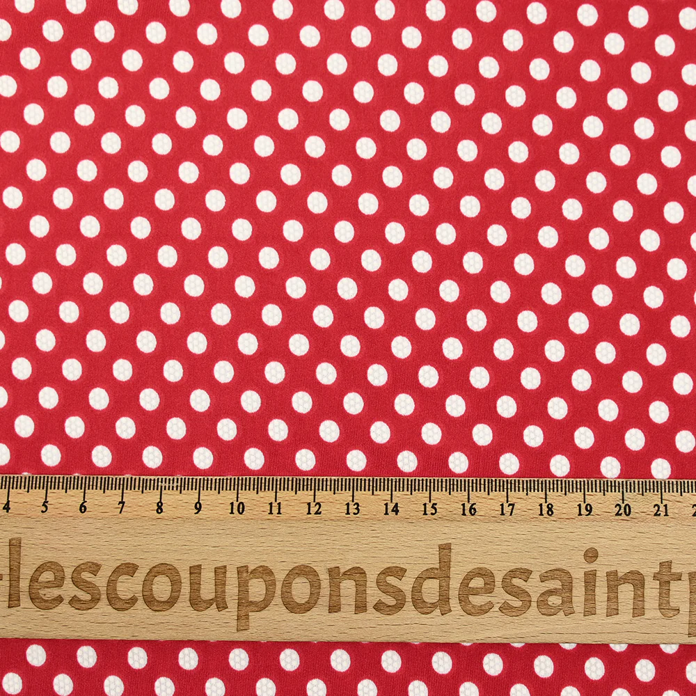 Jersey de polyester floqué et imprimé pois blanc fond rouge - Image 3