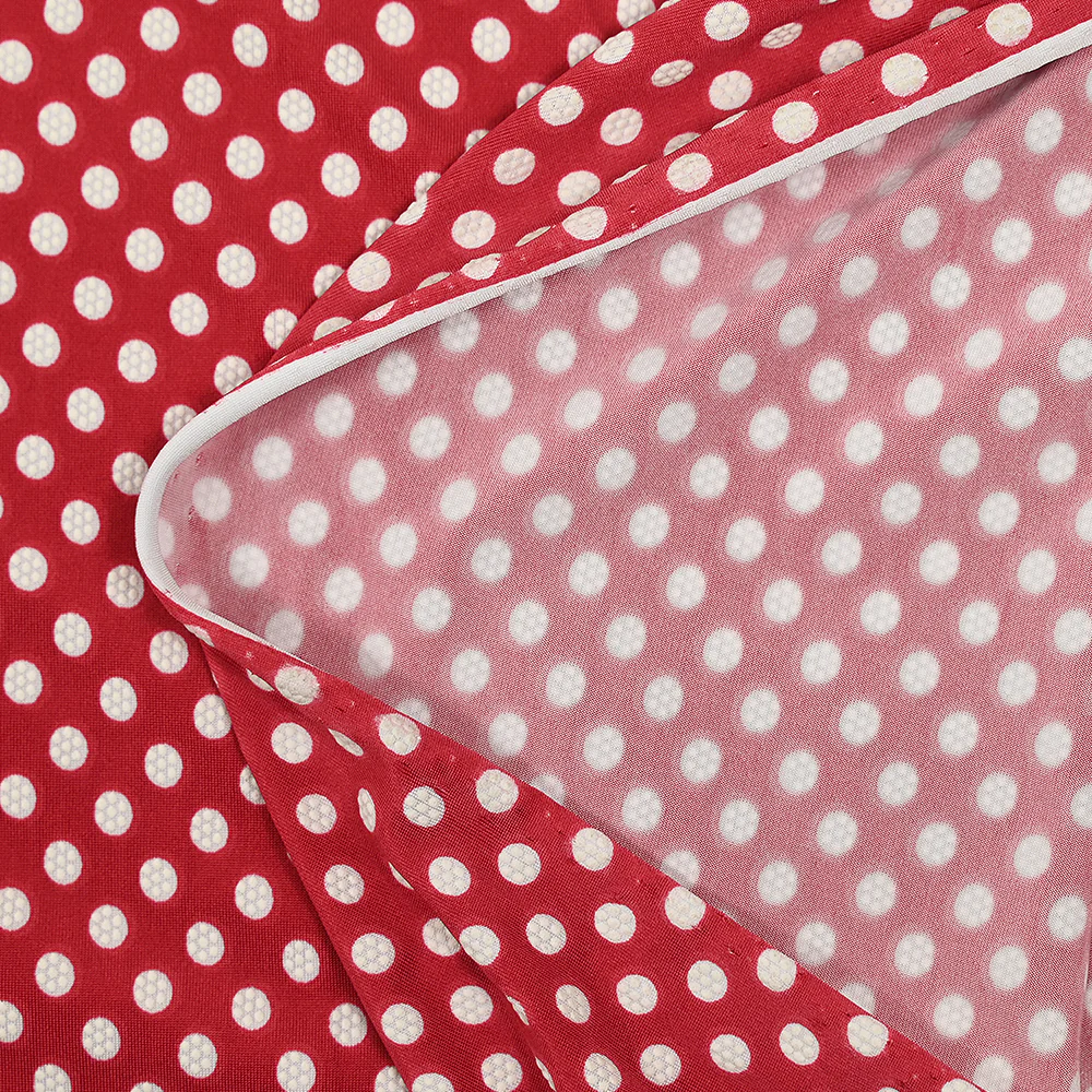 Jersey de polyester floqué et imprimé pois blanc fond rouge - Image 4