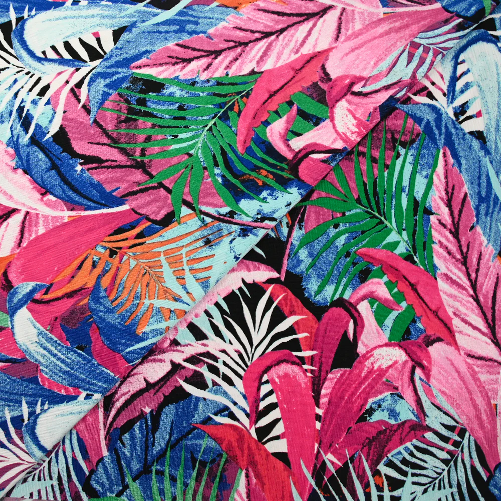 Jersey de polyester imprimé jungle multicolore fond noir - Image 4
