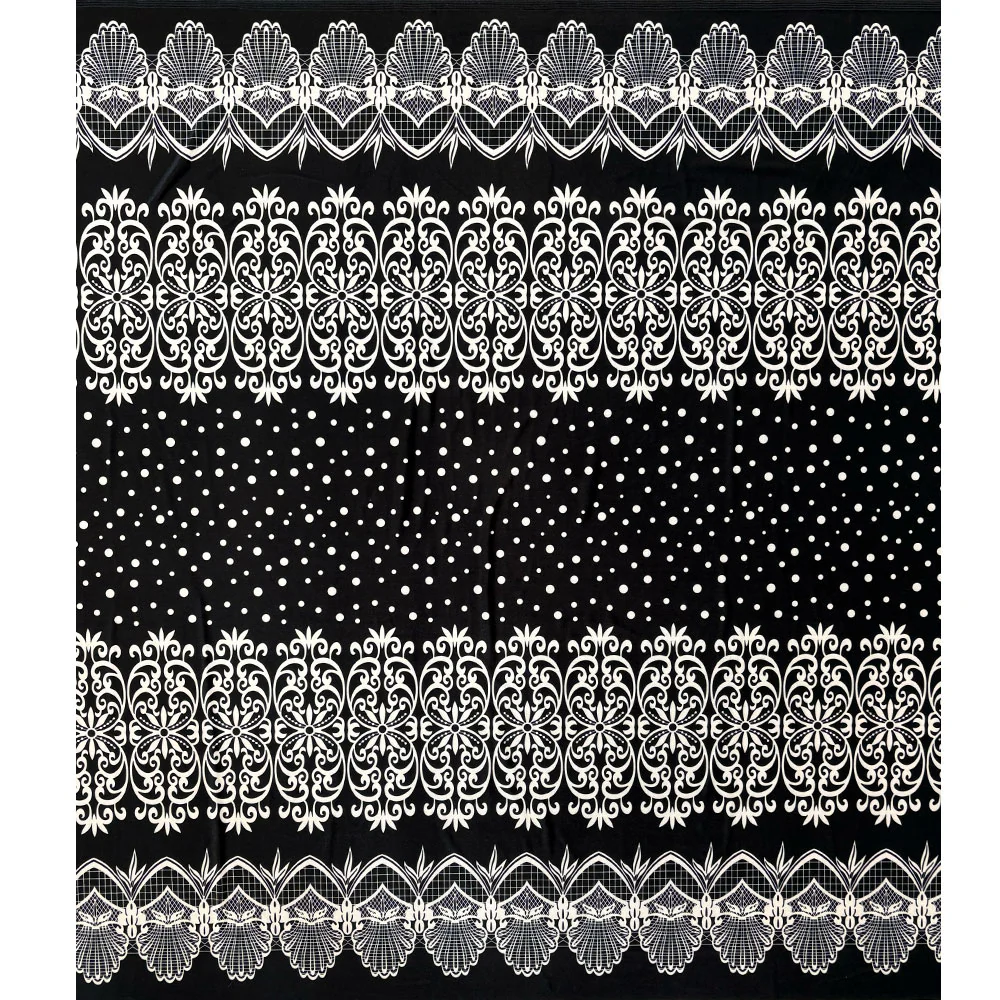 Jersey de velours ras imprimé bande ornementale et pois ivoire fond noir - Image 3