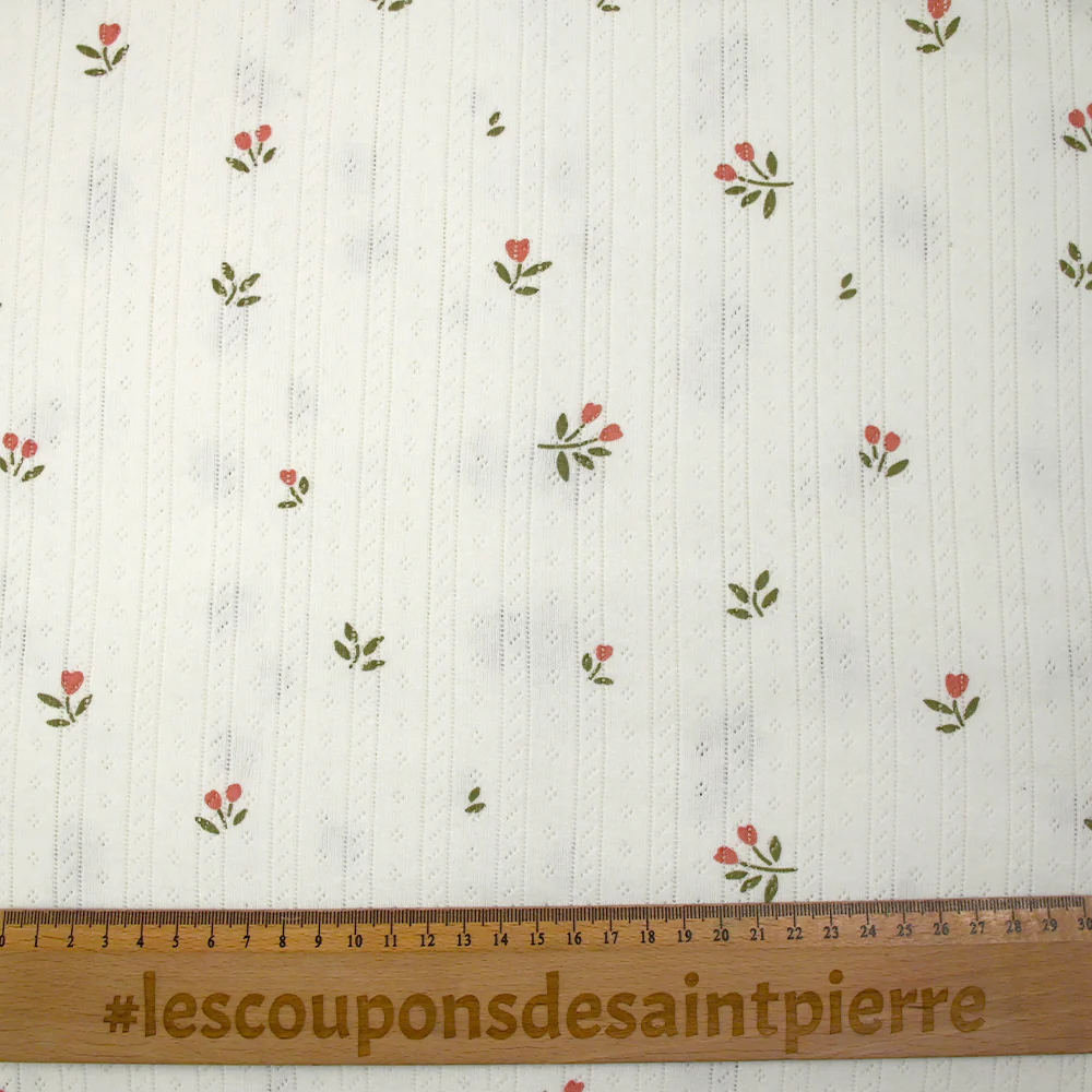 Jersey pointelle coton imprimé tulipes fond blanc cassé - Image 3