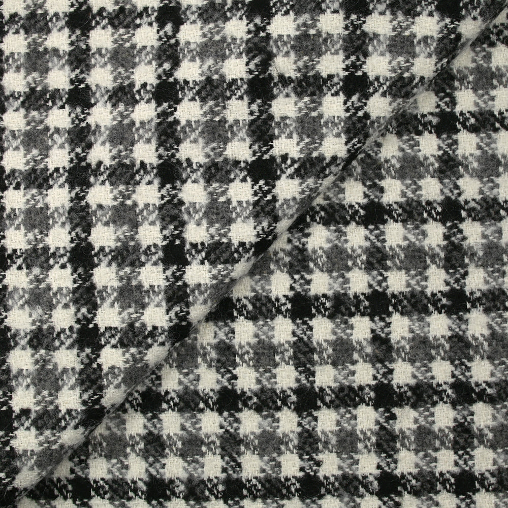Laine mélangée bouclette pied-de-poule noir, gris et blanc cassé