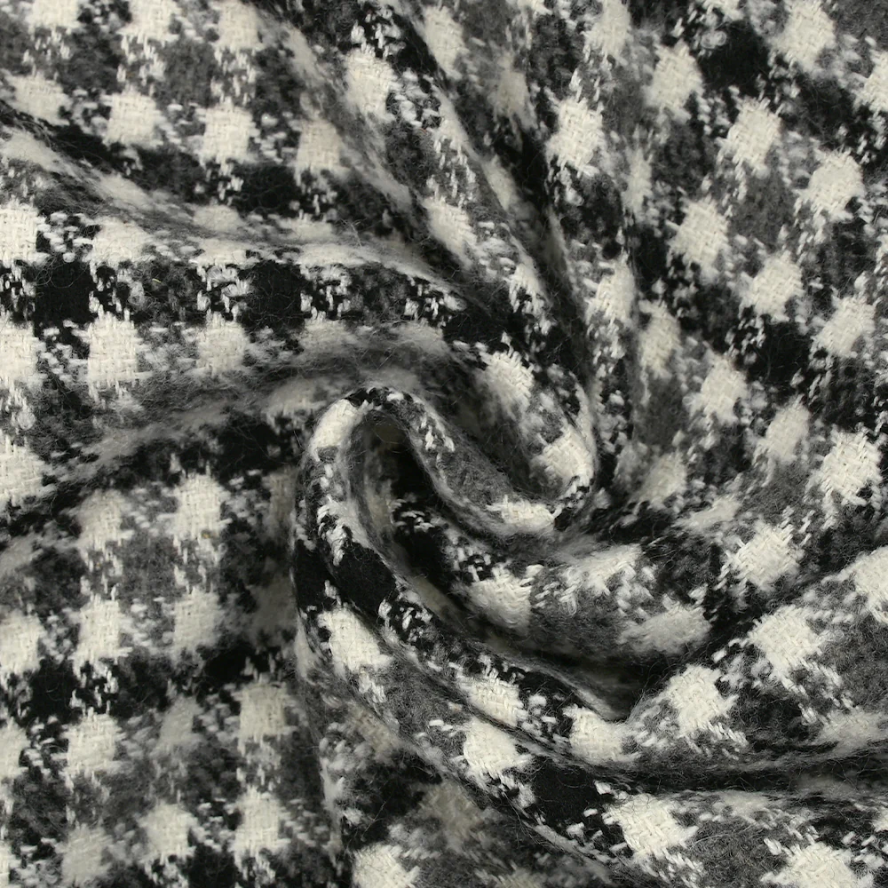 Laine mélangée bouclette pied-de-poule noir, gris et blanc cassé - Image 2