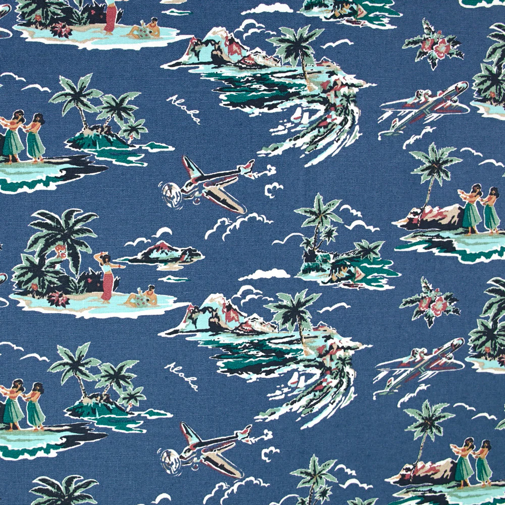 Lin et coton imprimé Hawaiian tropics fond bleu
