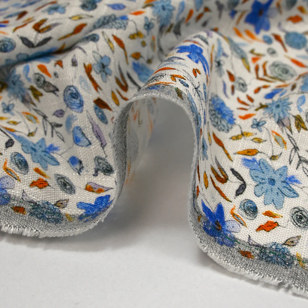 Lin viscose imprimé automne en fleurs fond blanc - Image 6