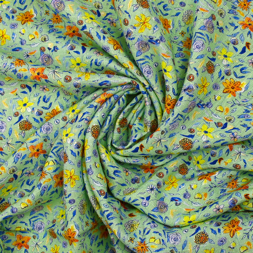 Lin viscose imprimé automne en fleurs fond vert d'eau - Image 2