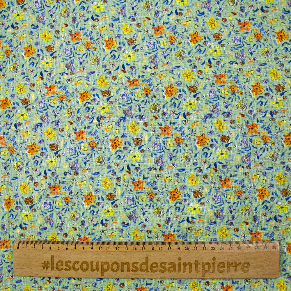 Lin viscose imprimé automne en fleurs fond vert d'eau - Image 3