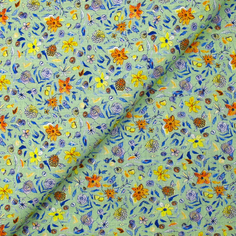 Lin viscose imprimé automne en fleurs fond vert d'eau - Image 4