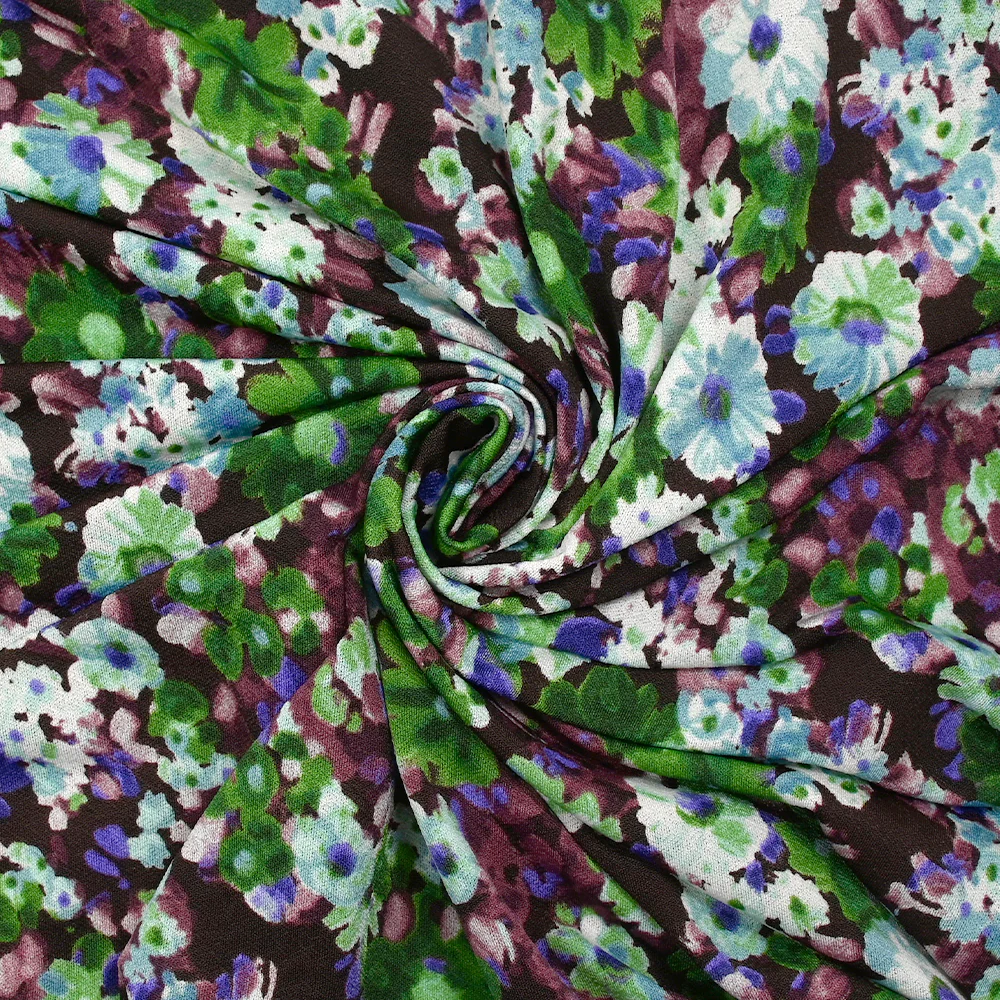 Maille crêpe imprimée temps floral vert fond prune foncé - Image 2