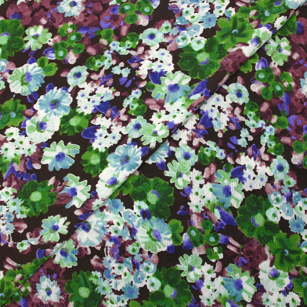 Maille crêpe imprimée temps floral vert fond prune foncé - Image 4