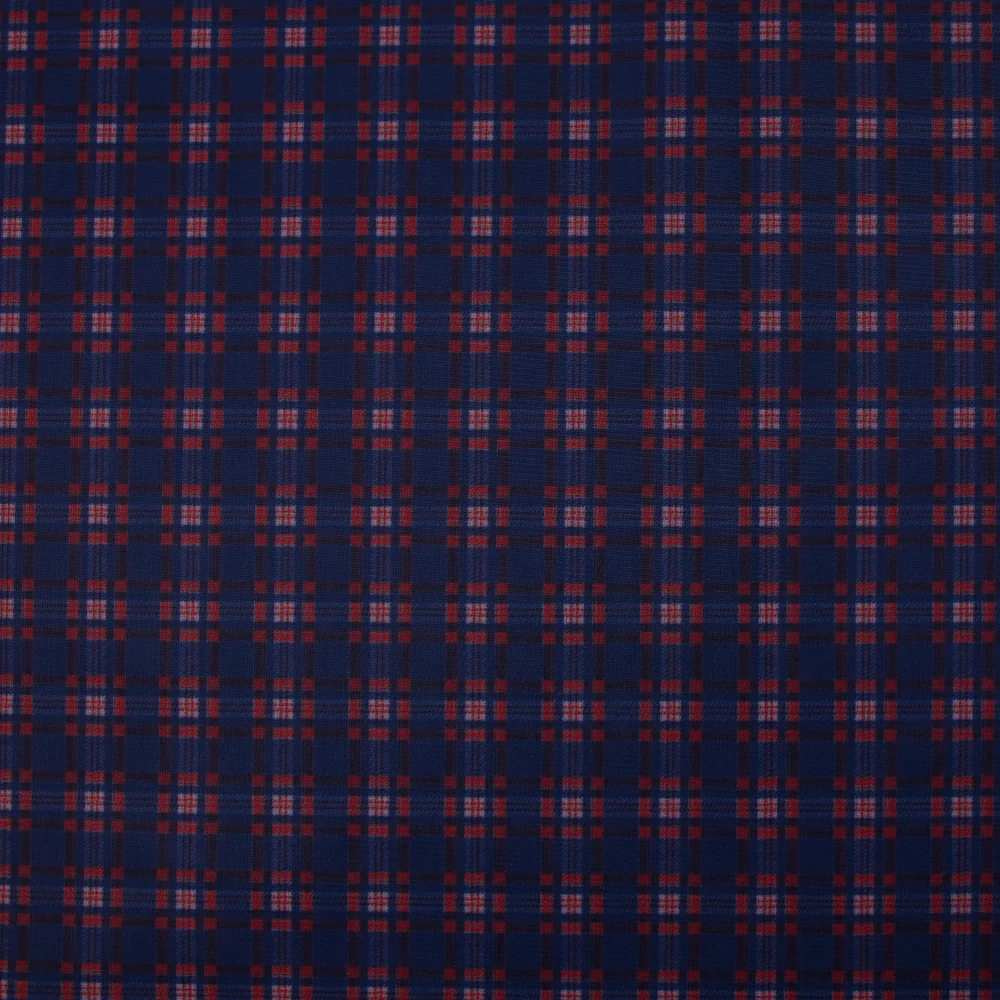 Maille fine imprimée à carreaux rouge fond marine