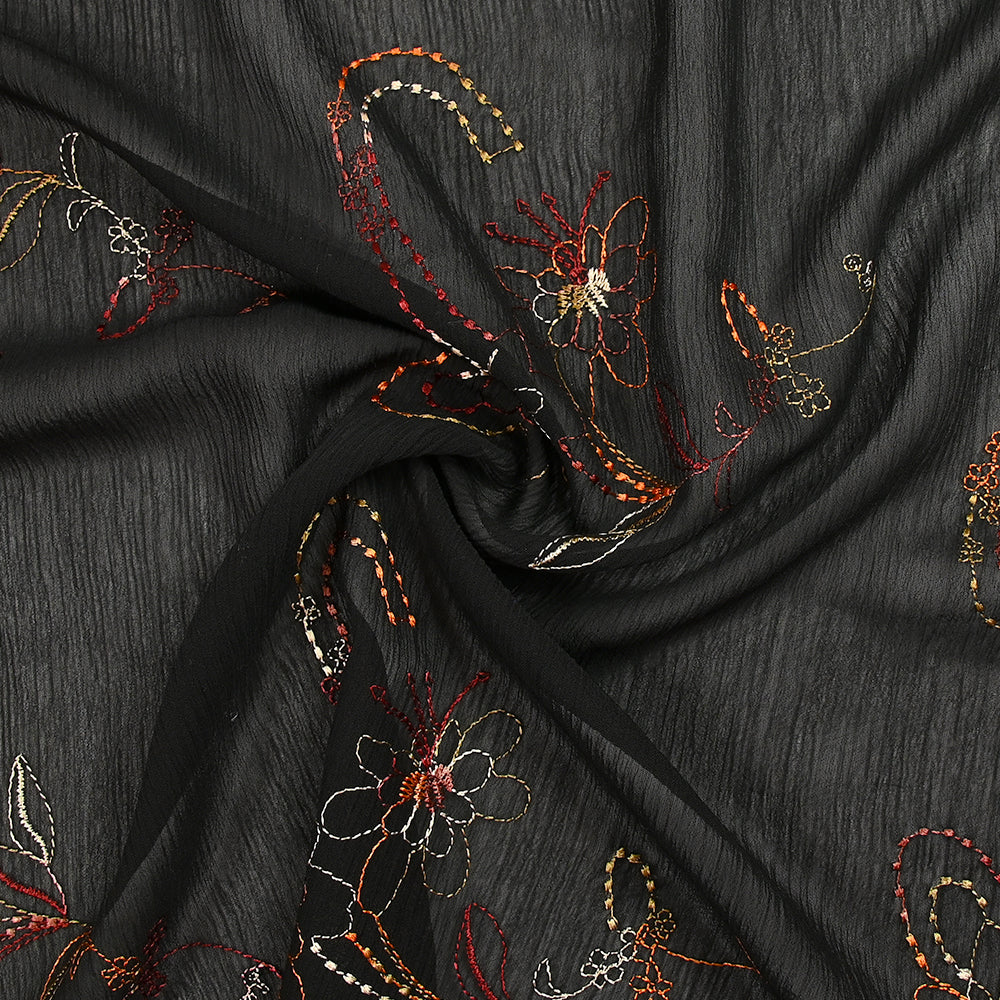 Mousseline crinkle fleurs brodées fond noir - Image 2