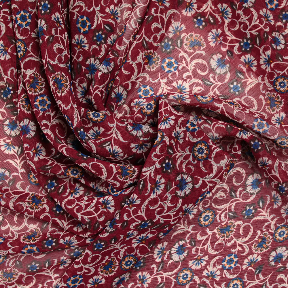 Mousseline crinkle imprimée fleurs fond lie de vin - Image 2
