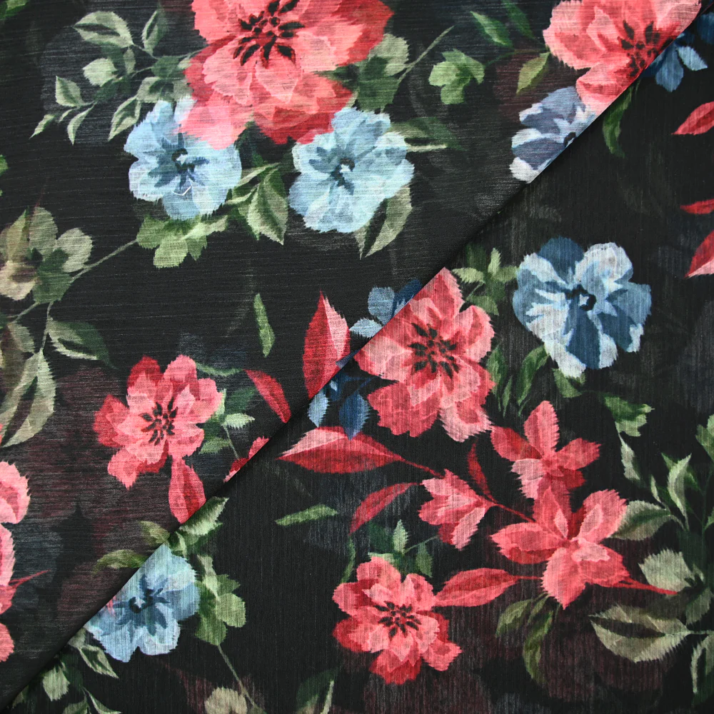 Mousseline crinkle polyester imprimé bucolique fond noir