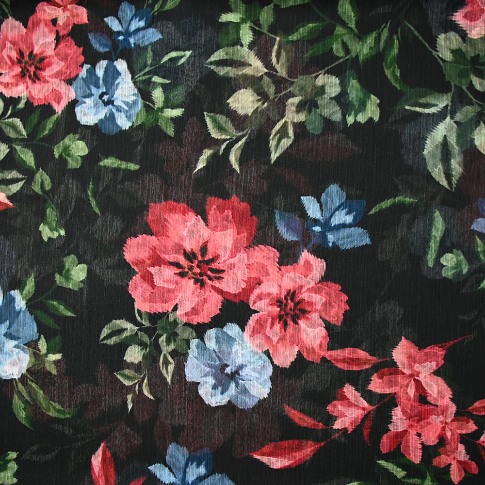 Mousseline crinkle polyester imprimé bucolique fond noir - Image 5