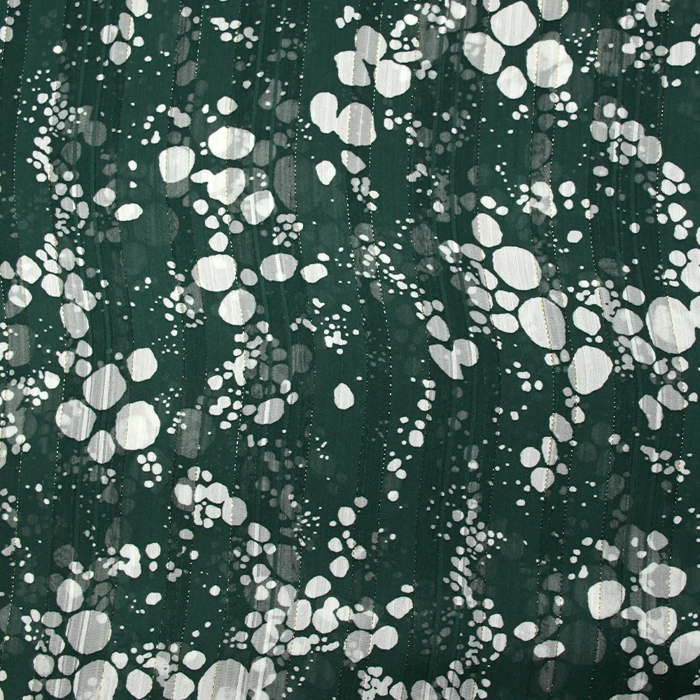 Mousseline imprimée bande satin effervescence fond vert émeraude