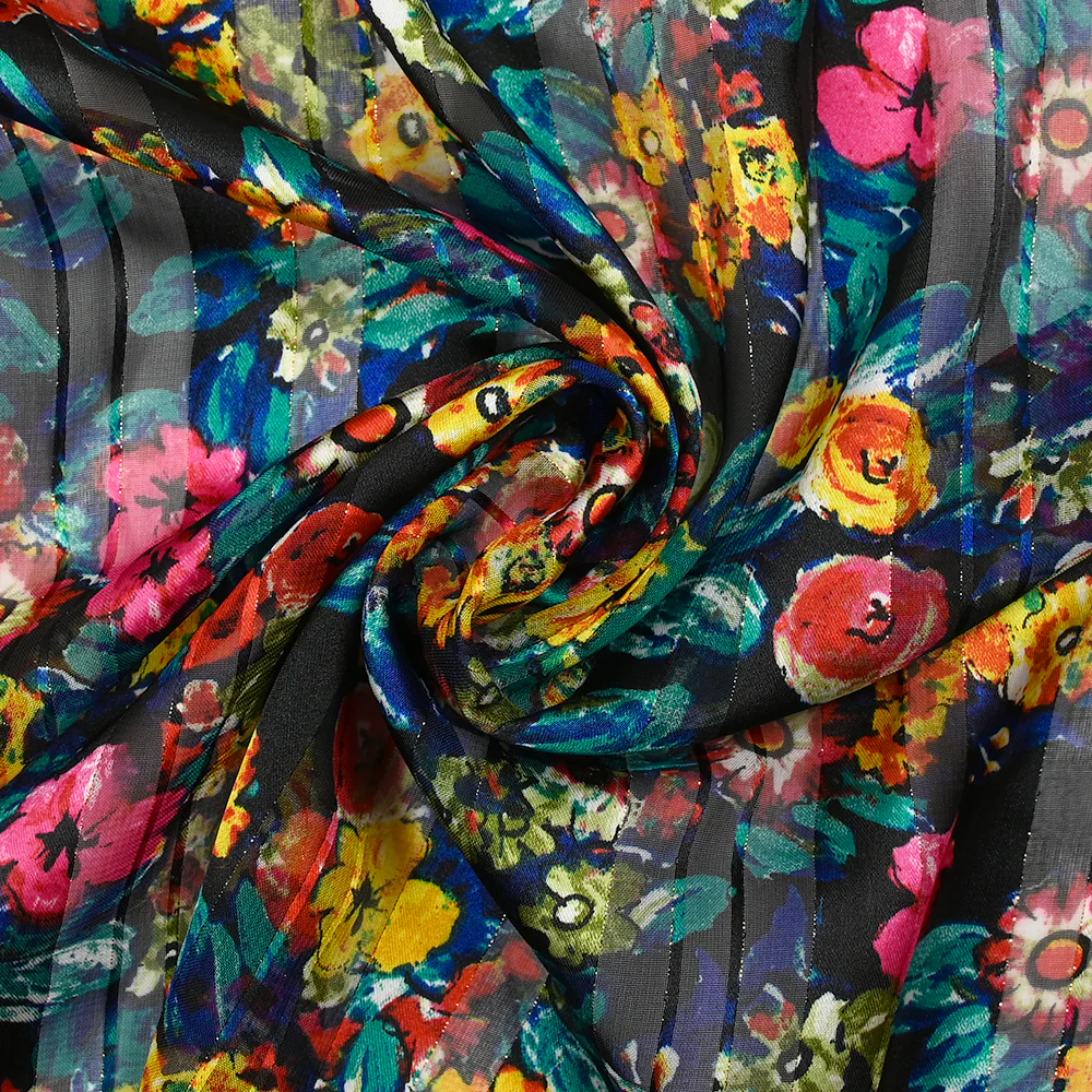 Mousseline imprimée bande satin fleurs en gouache fond noir - Image 2